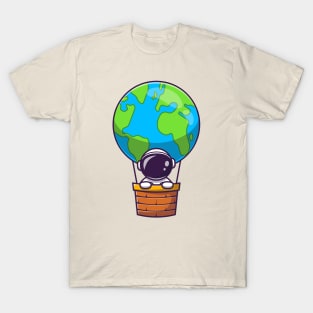 Cute Astronaut In Hot Air Balloon Earth T-Shirt